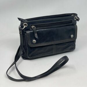 Fossil Crossbody Leather Handbag Organizer Purse Black Snap Zipper Vintage